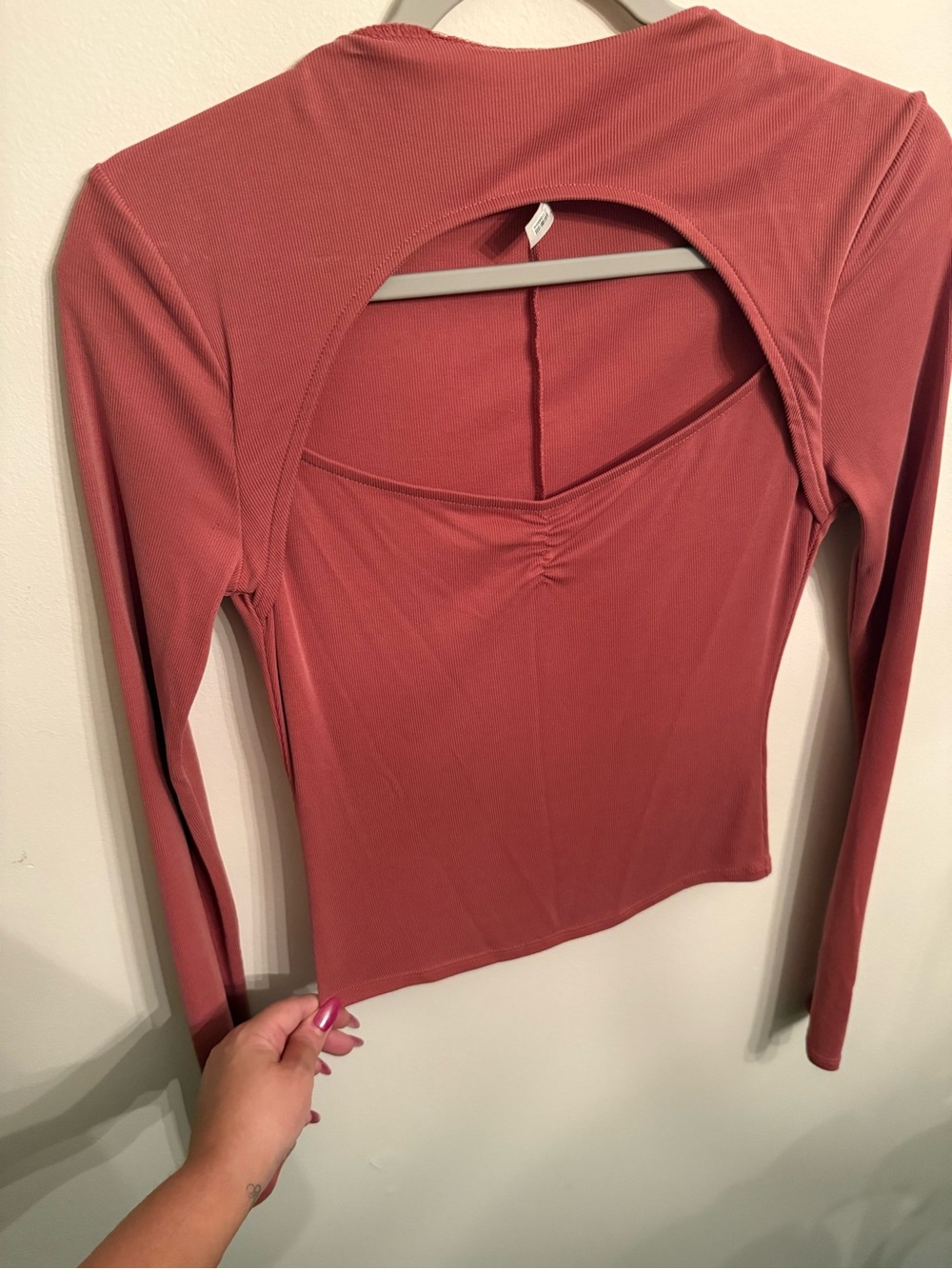 Free People Ribbed Long Sleeve Open-Back Top in Dusty Rose